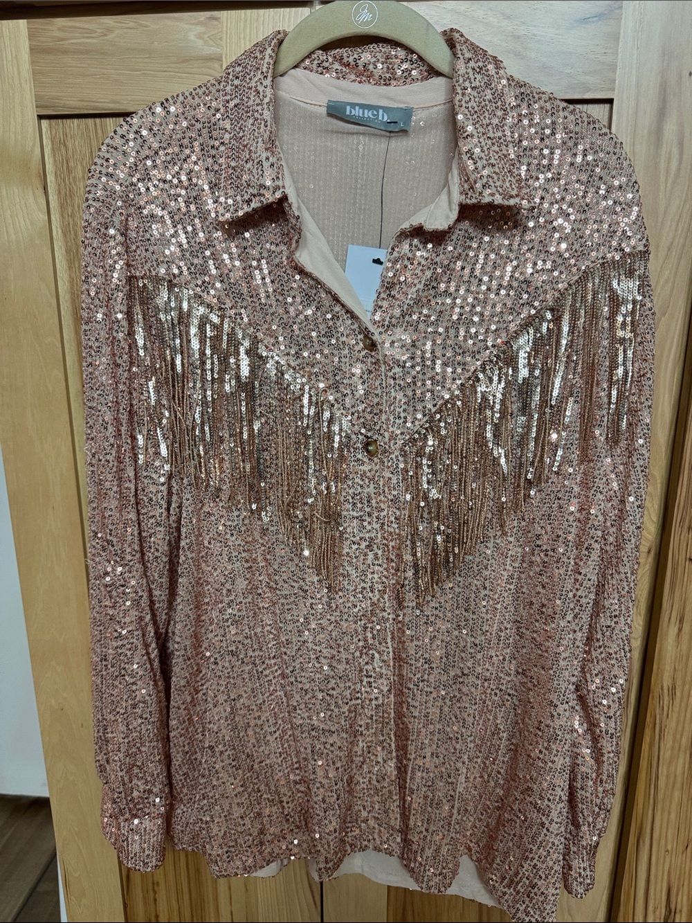 blue.b Rose Gold Sequin Fringe Button-Down Shirt western
